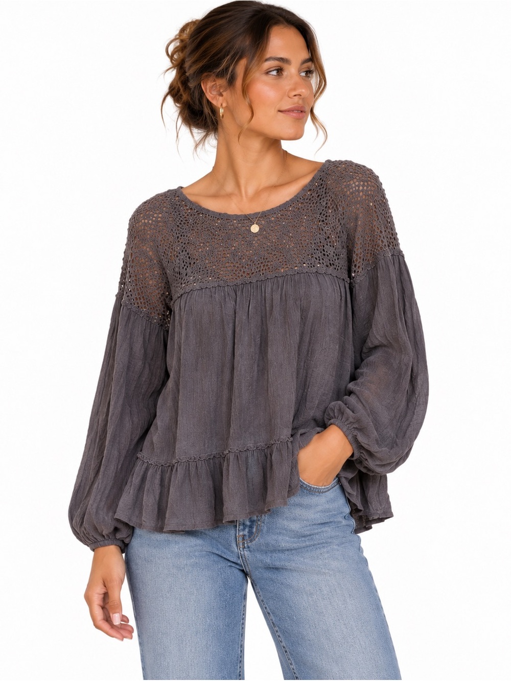 Entro Gray Crochet Lace Yoke Peasant Blouse Small Boho Tiered Top
